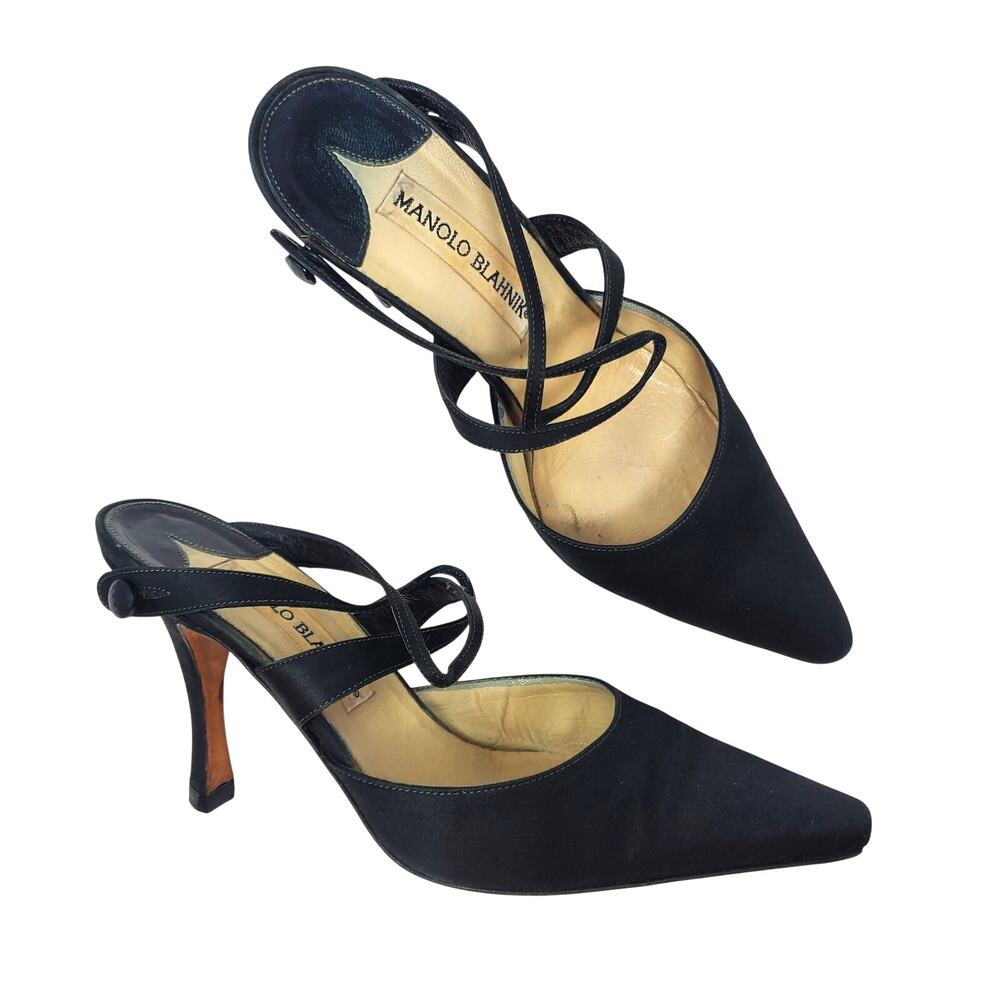 Vintage Y2K Manolo Blahnik Pointed Strappy Heel Pumps Black Satin Size 37.5